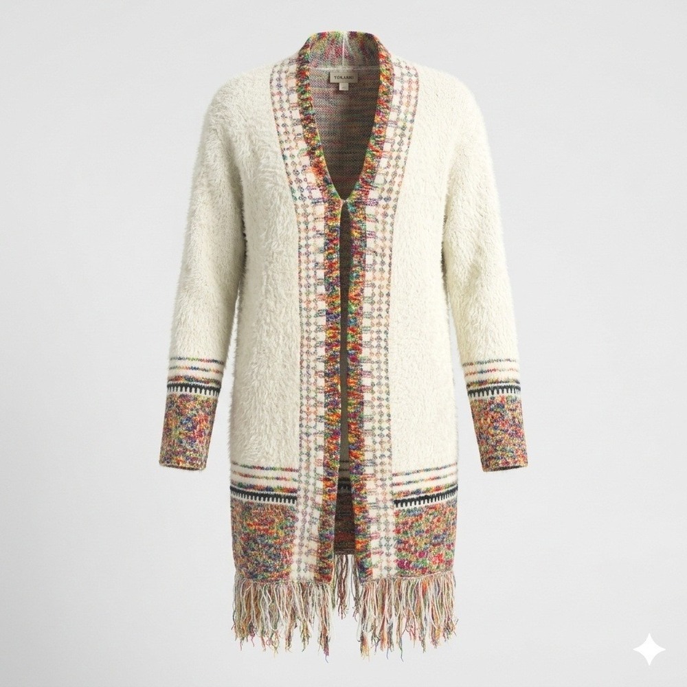 Venario Womens Cream Fuzzy Knit Rainbow Fringe Longline Cardigan Soft Layer Boho